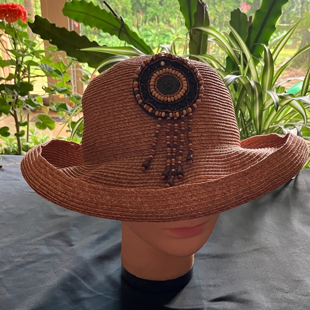 Elegant Copper Brown Paper Straw Hat With Beaded Embellishment